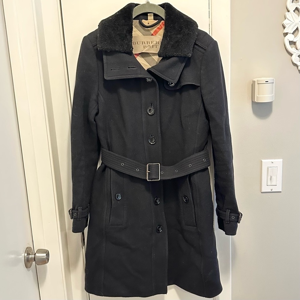 Burberry Brit Rushfield Wool Cashmere Blend Black Trench Coat 4 Shearling Collar - Picture 1 of 16